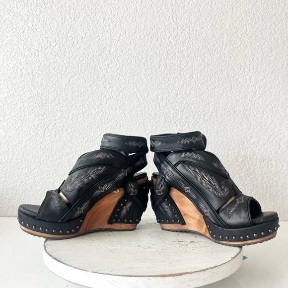 Lane Boots LEXINGTON Womens Black Wedges 6 Western Sandals Cowgirl Wooden Heel - Picture 7 of 11